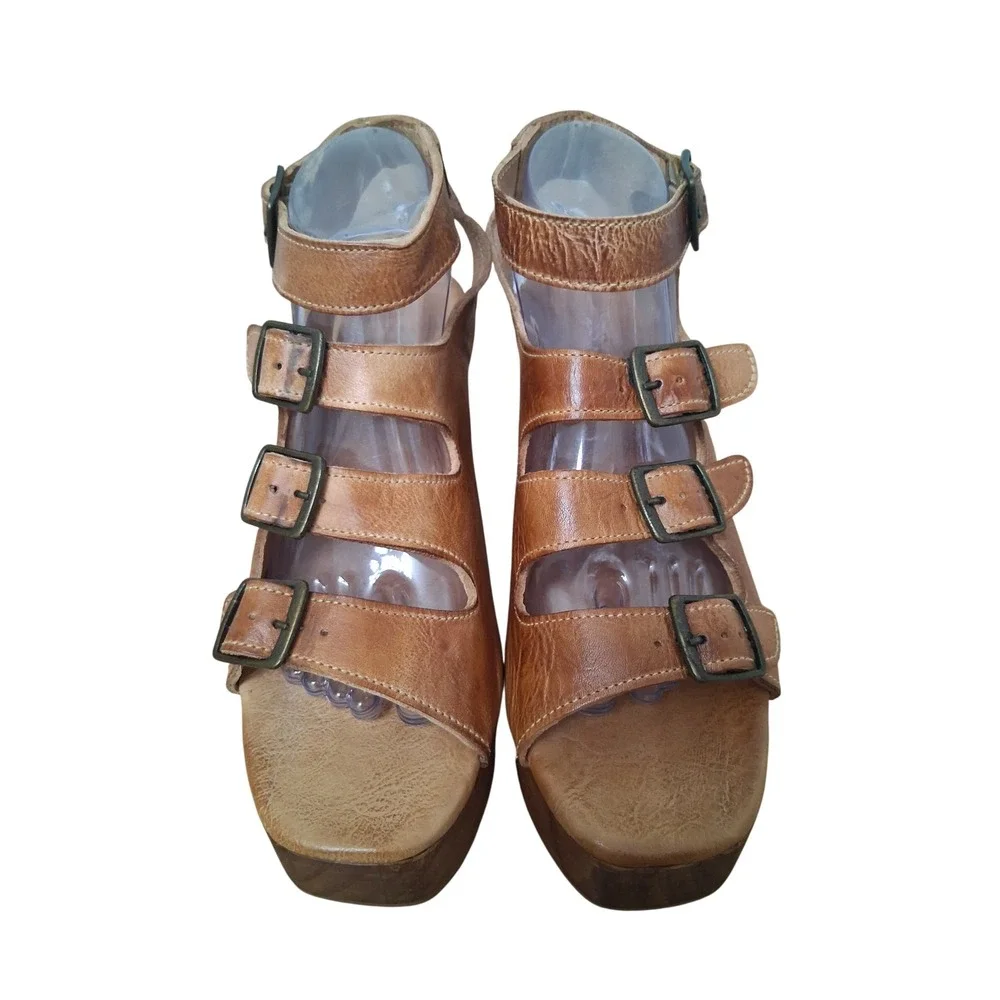 Bed Stu Jordyn Womens size 10 Leather Strappy Wood Chunky Platform Block Heels‎